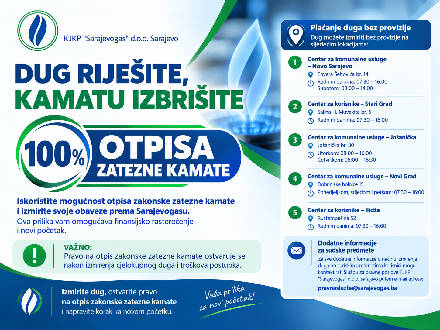 Sarajevogas: 100% otpis zatezne kamate uz izmirenje duga